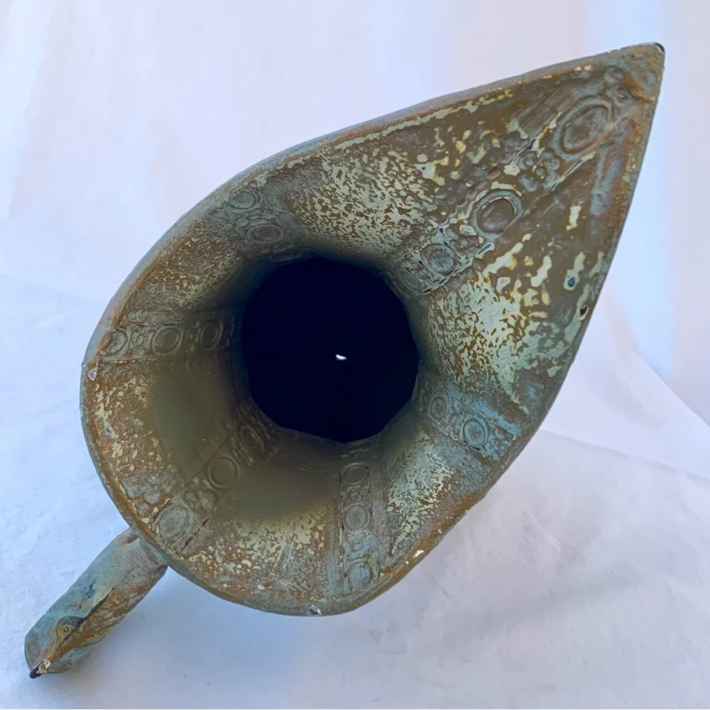 Rustic Textured Intricate Pattern Metal Footed Decorative Pitcher Vase